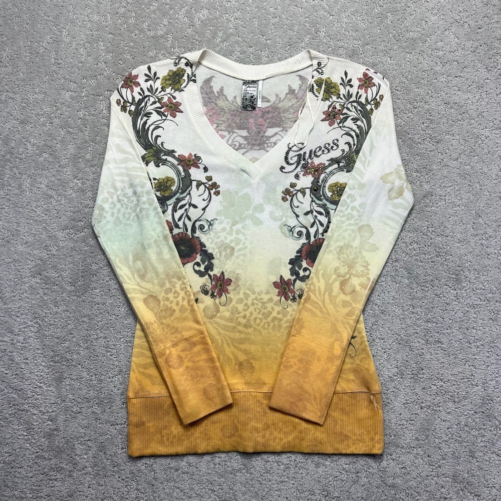 VINTAGE Guess Longsleeve Shirt Womens‎ XL Ombre Floral Rhinestone Grunge Y2k